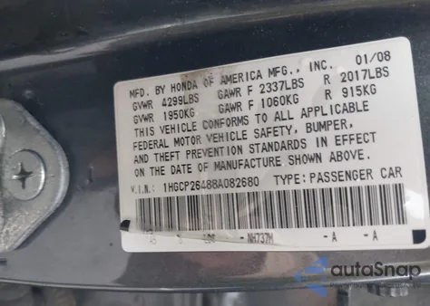 2008 Honda Accord 2.4 Lx-P z USA, uszkodzony, nr VIN 1HGCP26488A082680
